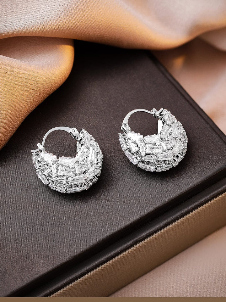 Rhodium-Plated Crystal Bagutte Cut Cubic Zirconia Studded Hoop Earrings Hoop Earrings