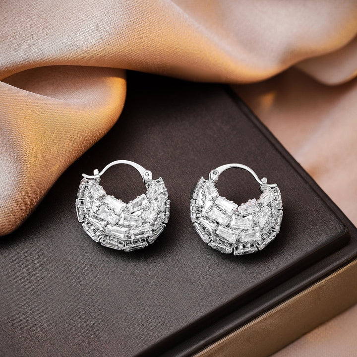 Rhodium-Plated Crystal Bagutte Cut Cubic Zirconia Studded Hoop Earrings Hoop Earrings