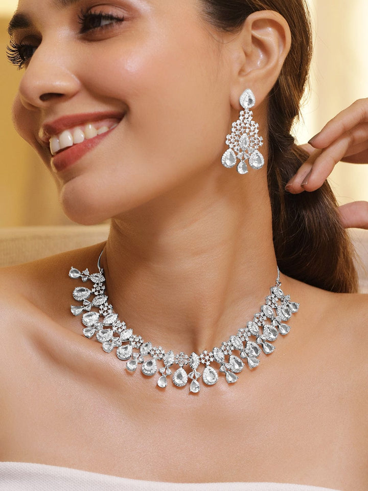 Rhodium-Plated Crystal Cubic Zirconia Studded Necklace Set with Teardrop Earrings Necklace Set