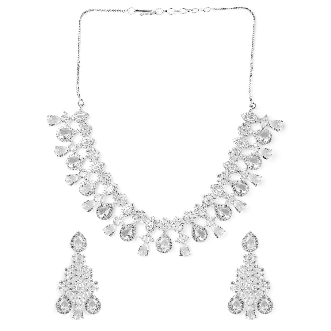 Rhodium-Plated Crystal Cubic Zirconia Studded Necklace Set with Teardrop Earrings Necklace Set