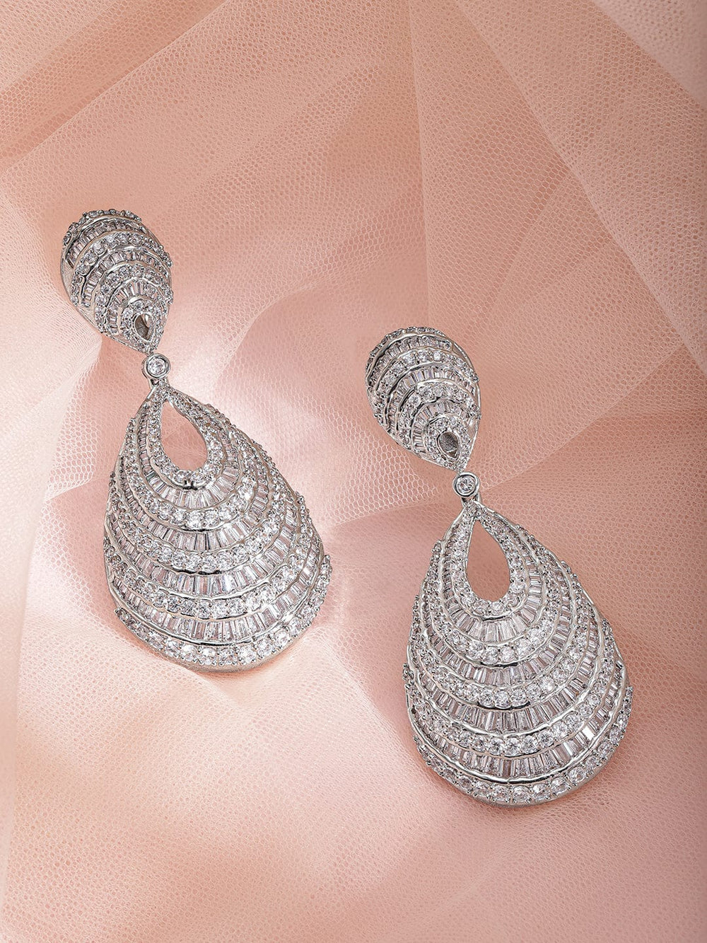 Rhodium plated Crystal Zirconia Studded Pear Drop Earring Earrings