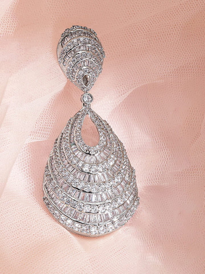Rhodium plated Crystal Zirconia Studded Pear Drop Earring Earrings
