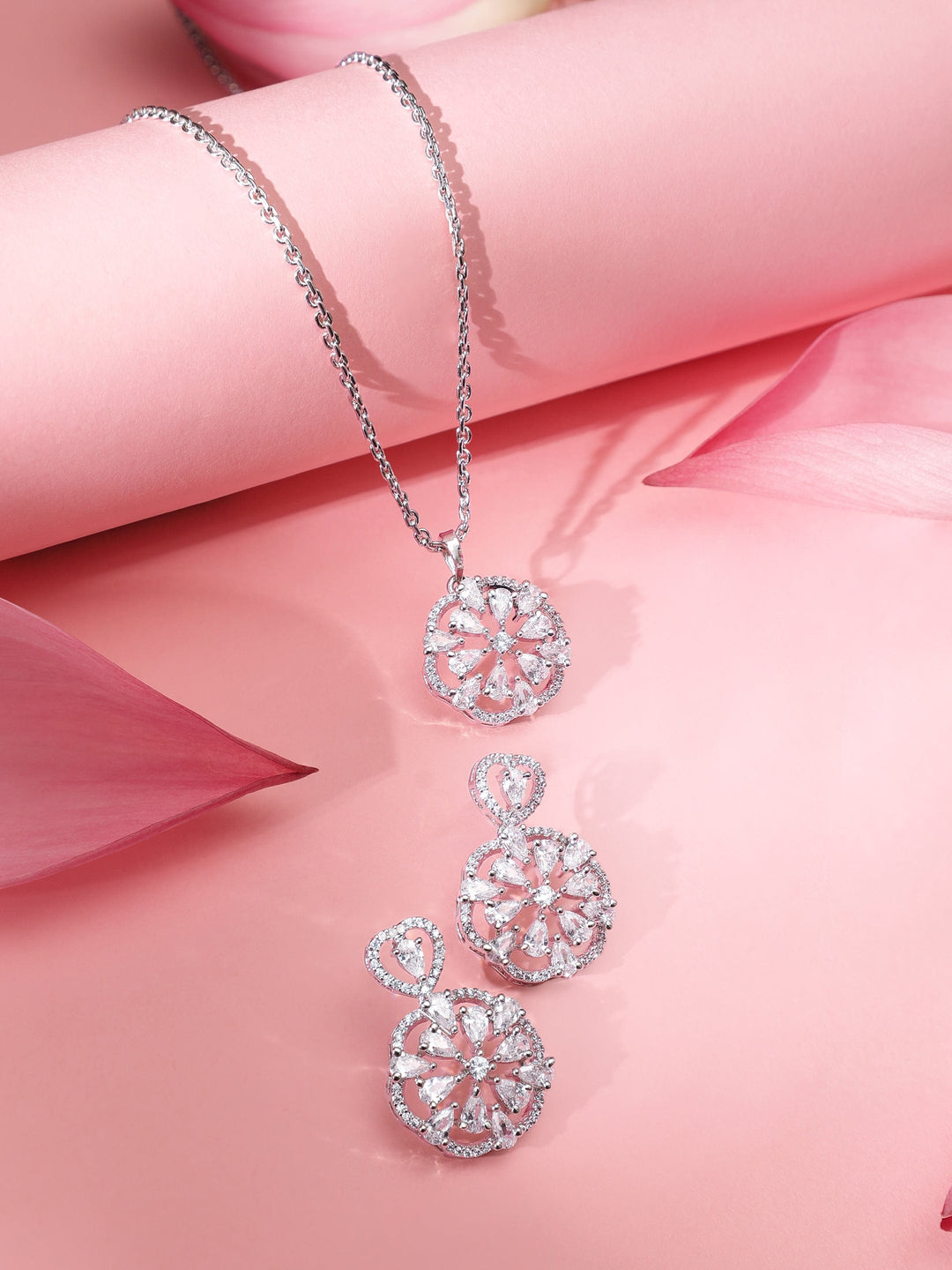 Rhodium plated  Crystal Zirconia studded Statement pendant Set Jewellery Sets