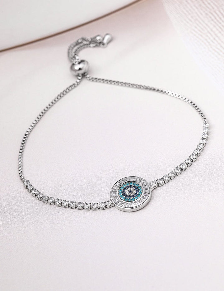 Rhodium Plated Cubic Zirconia & Blue Stone Studded Adjustable Bracelet Bracelet