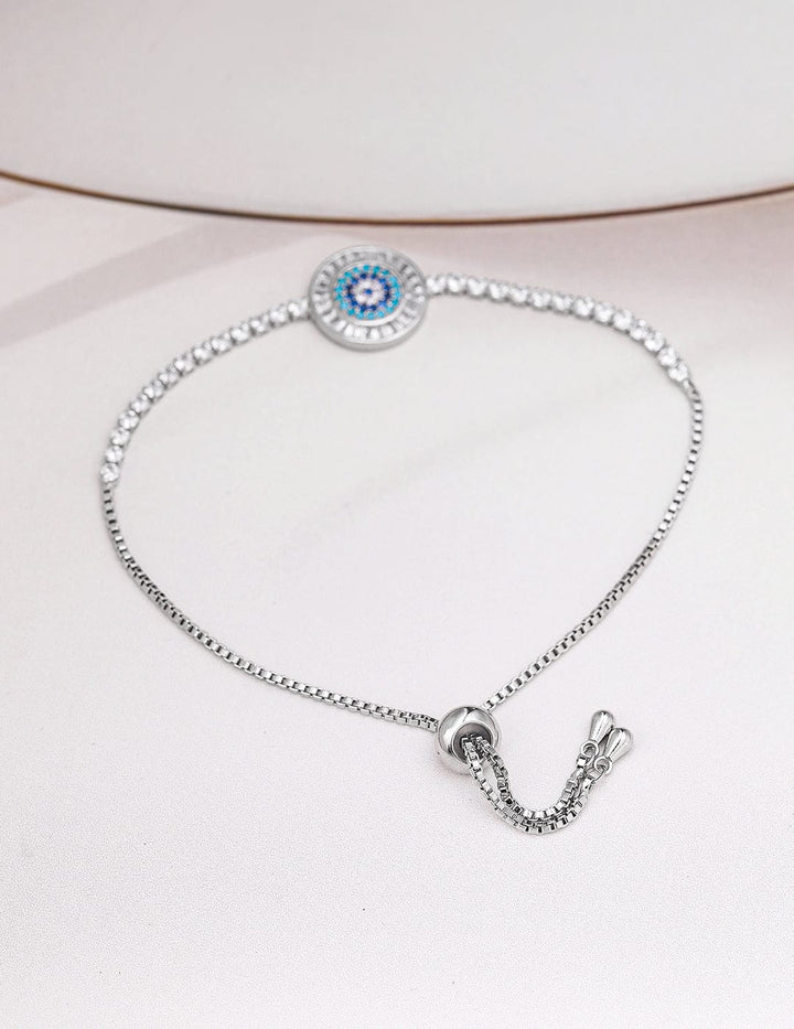 Rhodium Plated Cubic Zirconia & Blue Stone Studded Adjustable Bracelet Bracelet