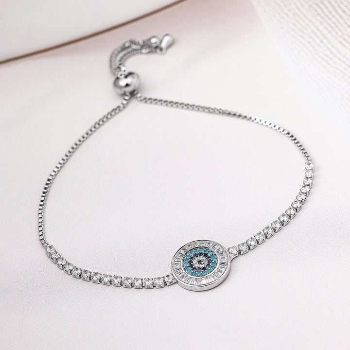 Rhodium Plated Cubic Zirconia & Blue Stone Studded Adjustable Bracelet Bracelet