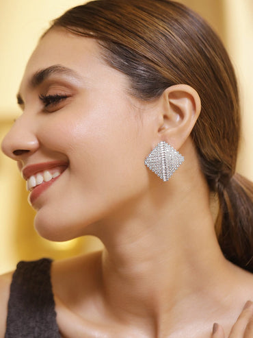 Rhodium-Plated Cubic Zirconia Geometric Stud Earrings Earrings