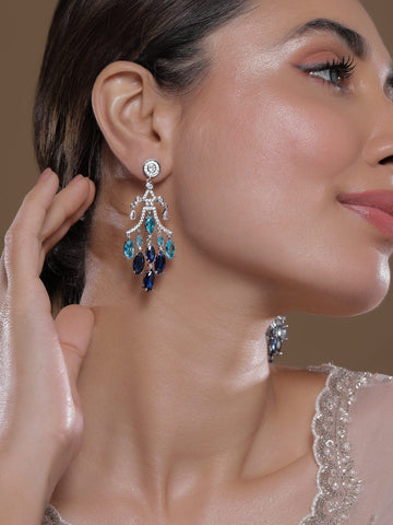 Rhodium-Plated Cubic Zirconia Studded Chandelier with Blue & Aqua Blue AD Drops Earrings