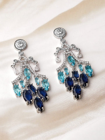 Rhodium-Plated Cubic Zirconia Studded Chandelier with Blue & Aqua Blue AD Drops Earrings