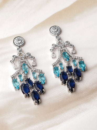 Rhodium-Plated Cubic Zirconia Studded Chandelier with Blue & Aqua Blue AD Drops Earrings
