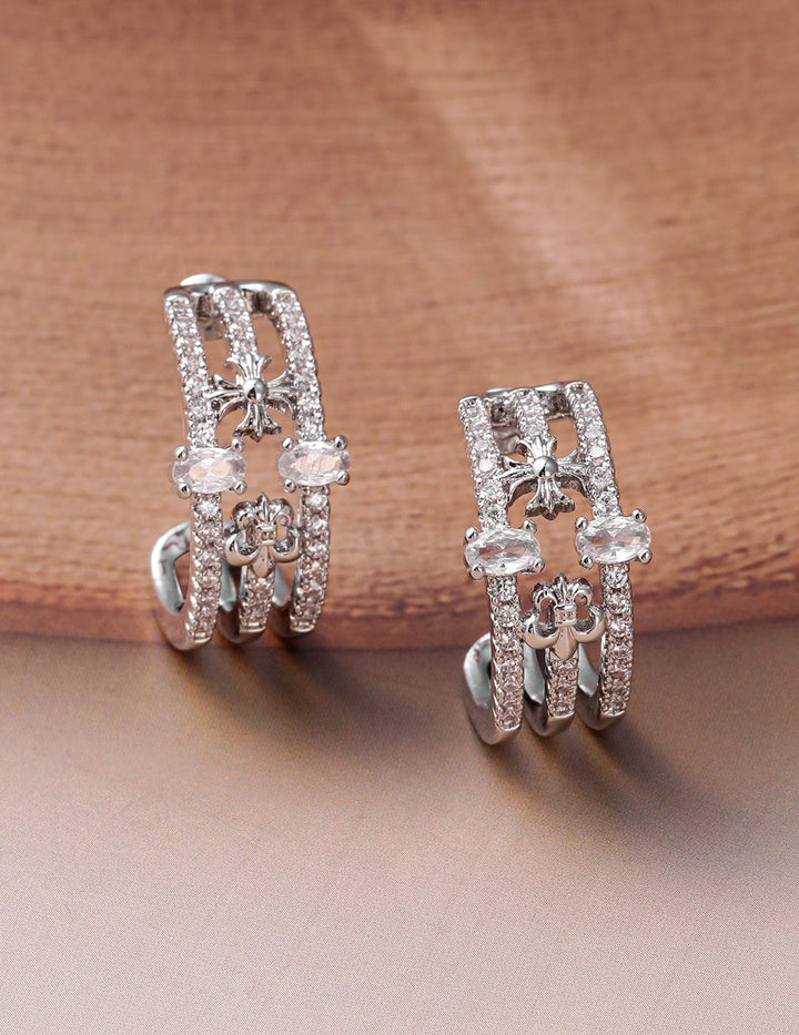 Rhodium Plated Cubic Zirconia Studded Floral Huggie Hoop Earrings Hoop Earrings