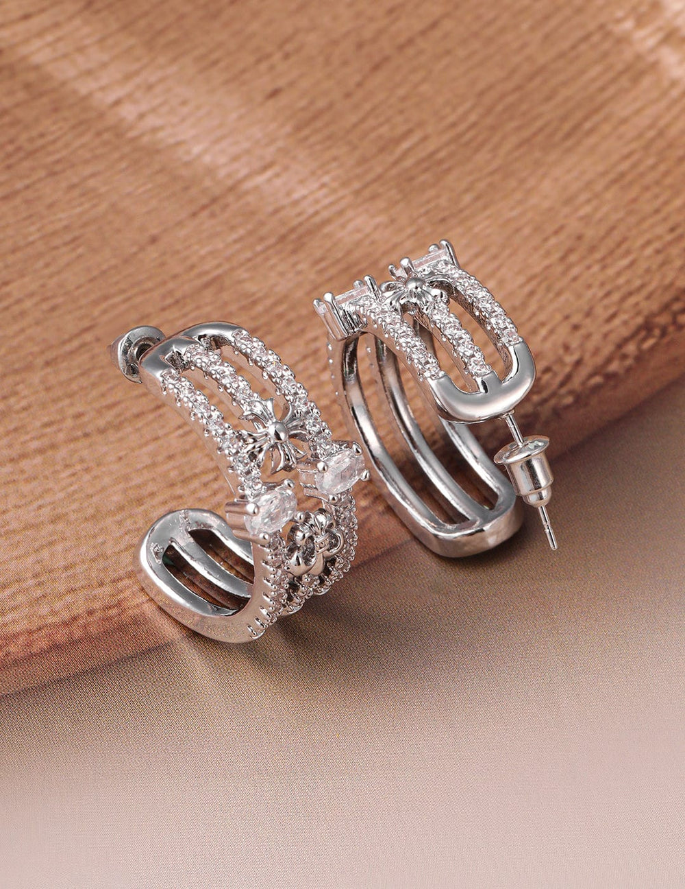 Rhodium Plated Cubic Zirconia Studded Floral Huggie Hoop Earrings Hoop Earrings