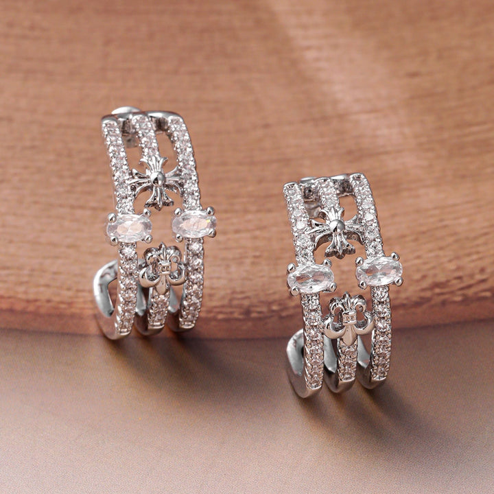 Rhodium Plated Cubic Zirconia Studded Floral Huggie Hoop Earrings Hoop Earrings