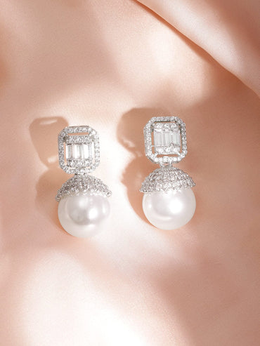 Rhodium-Plated Cubic Zirconia Studded Geometric Drop Earrings Earrings