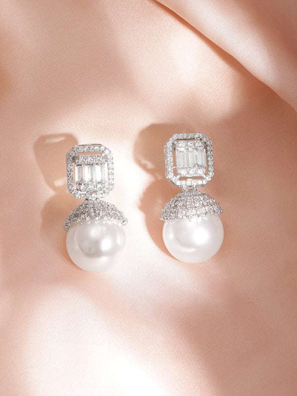 Rhodium-Plated Cubic Zirconia Studded Geometric Drop Earrings Earrings