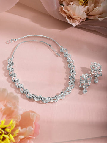 Rhodium-Plated Cubic Zirconia Studded Jewellery Set Necklace Set