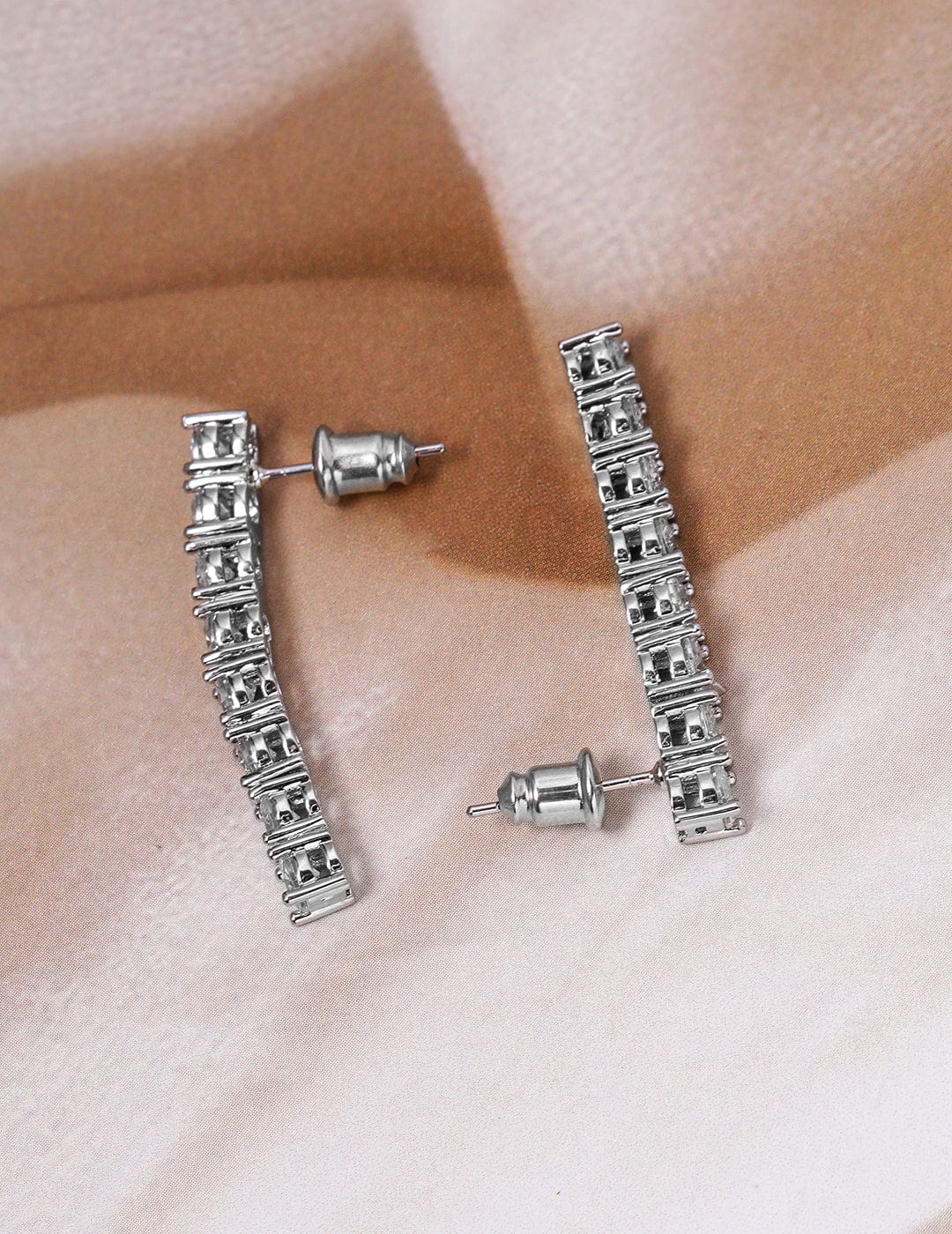 Rhodium-Plated Cubic Zirconia Studded Linear Earrings Drop Earrings