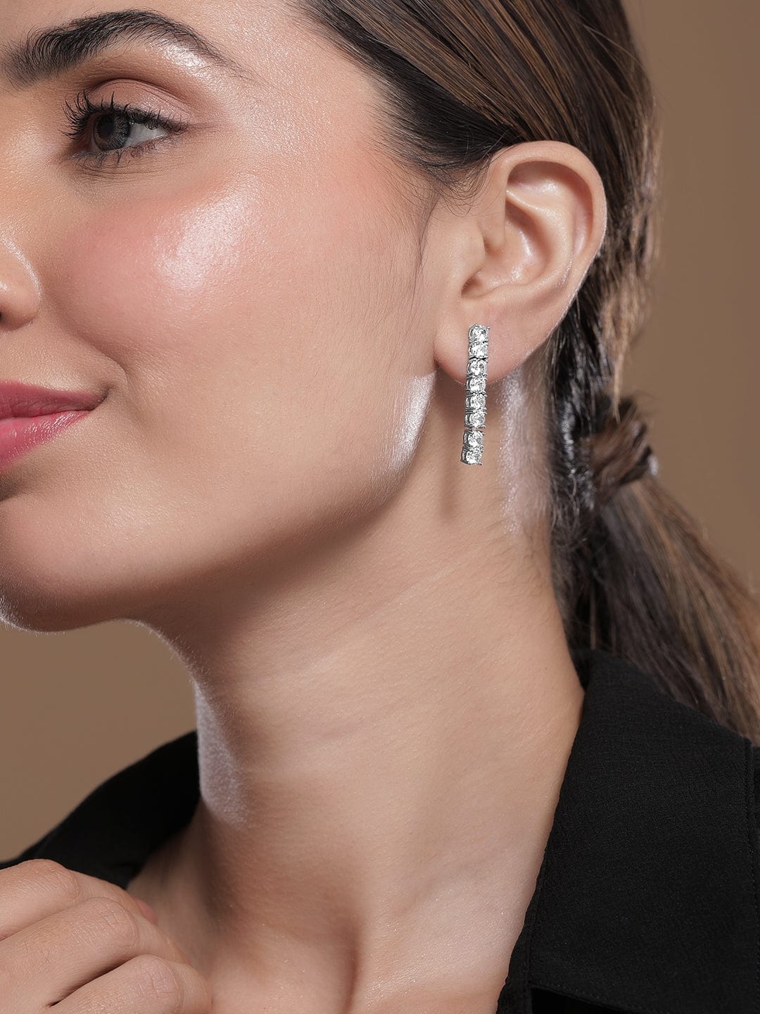 Rhodium-Plated Cubic Zirconia Studded Linear Earrings Drop Earrings