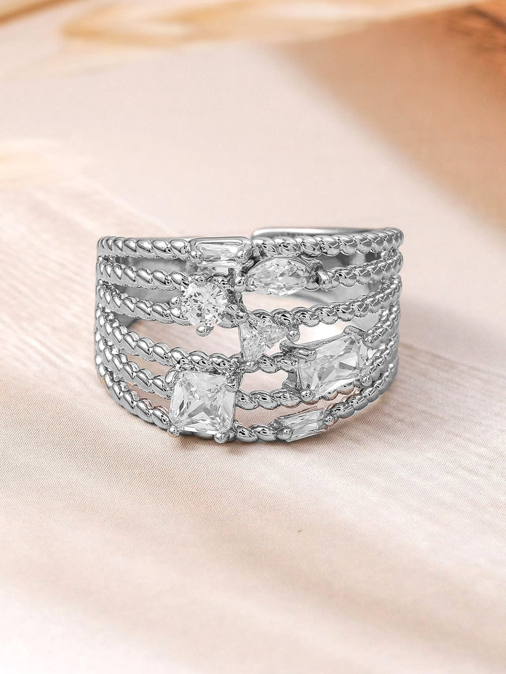 Rhodium Plated Cubic Zirconia Studded Multi-Layer Adjustable Statement Finger Ring Ring