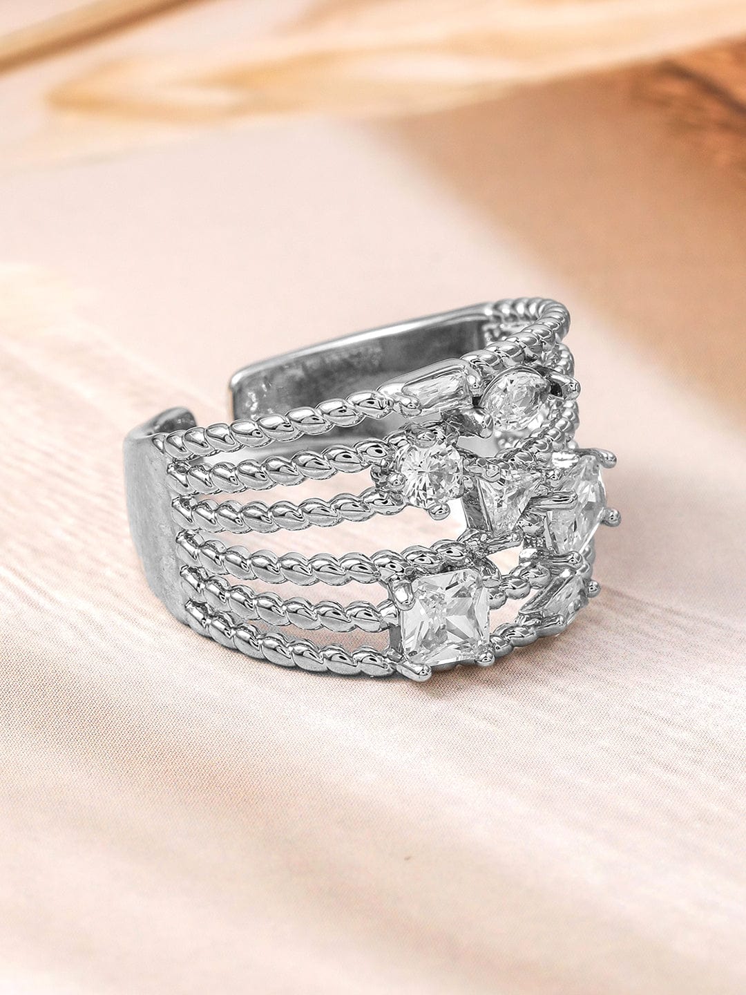 Rhodium Plated Cubic Zirconia Studded Multi-Layer Adjustable Statement Finger Ring Ring