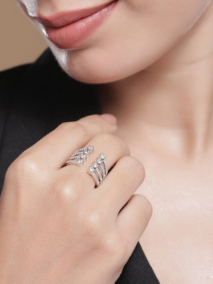 Rhodium Plated Cubic Zirconia Studded Open-Cage Design Adjustable Finger Ring Ring