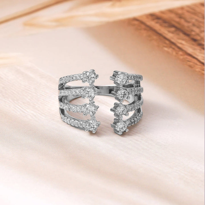 Rhodium Plated Cubic Zirconia Studded Open-Cage Design Adjustable Finger Ring Ring