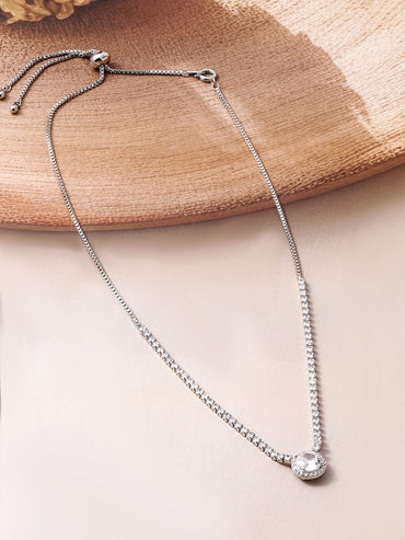 Rhodium Plated Cubic Zirconia Studded Solitaire Pendant Necklace Necklace and Chains