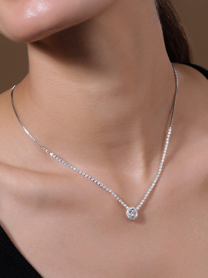 Rhodium Plated Cubic Zirconia Studded Solitaire Pendant Necklace Necklace and Chains