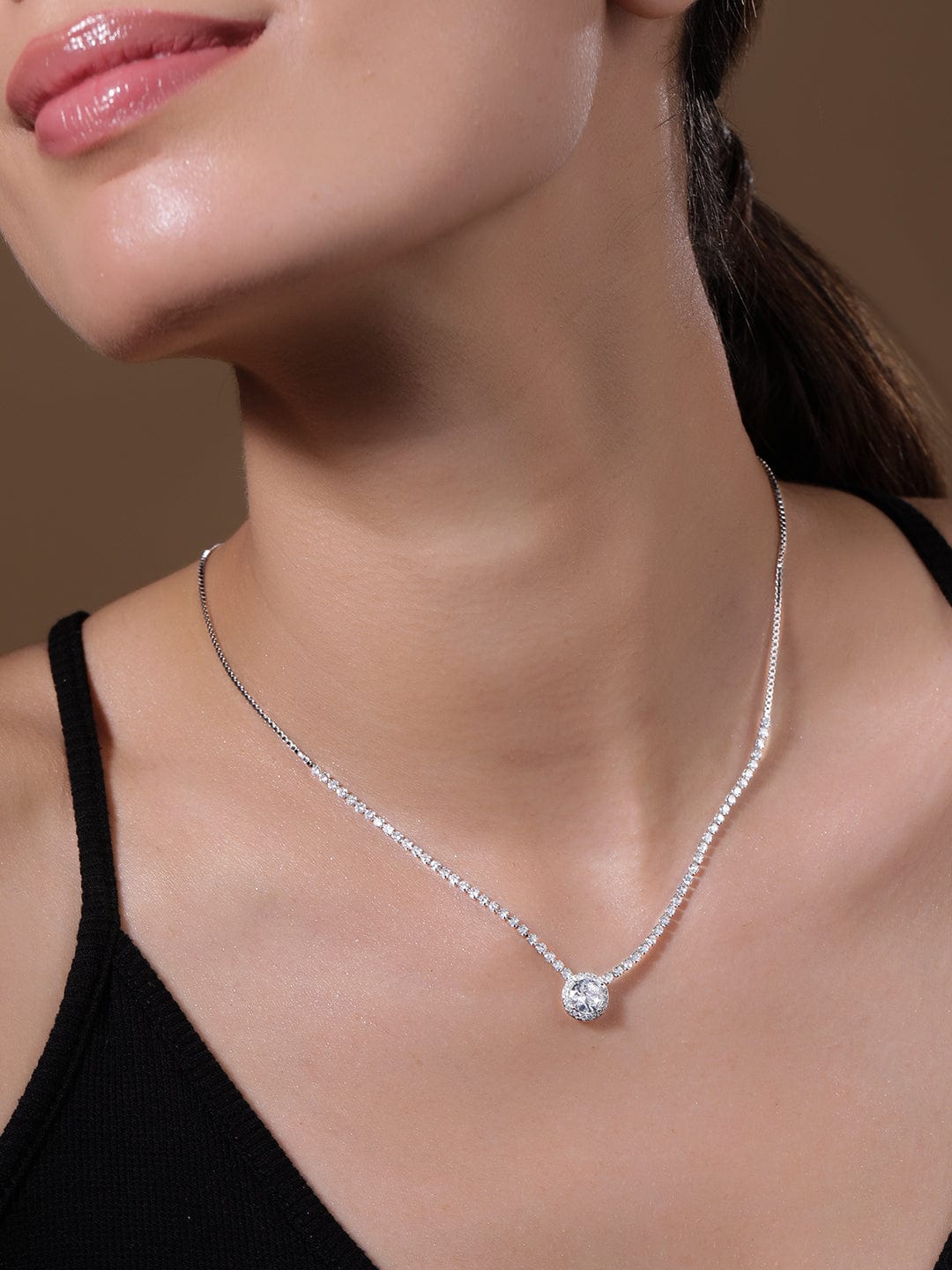 Rhodium Plated Cubic Zirconia Studded Solitaire Pendant Necklace Necklace and Chains