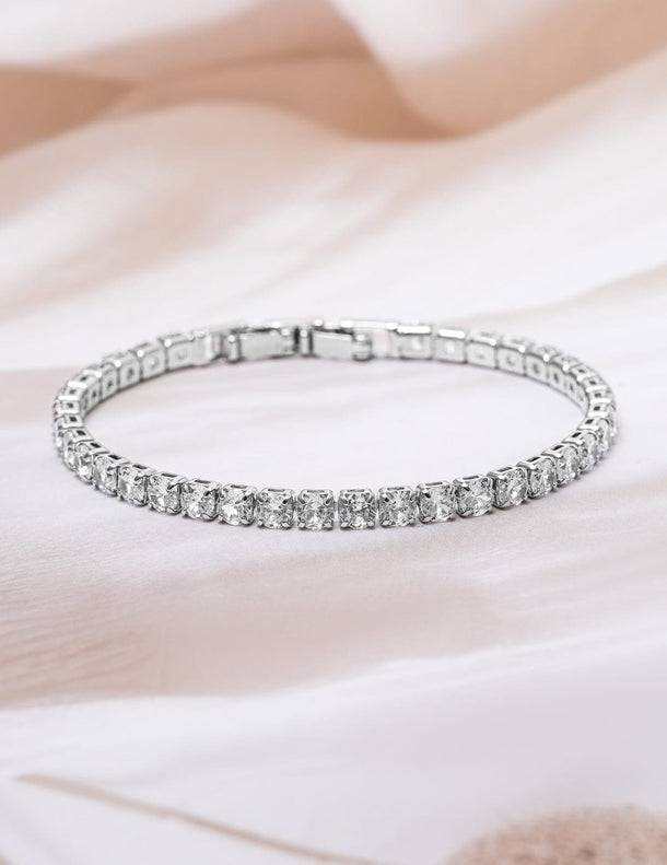Rhodium Plated Cubic Zirconia Studded Tennis Bracelet Bracelet