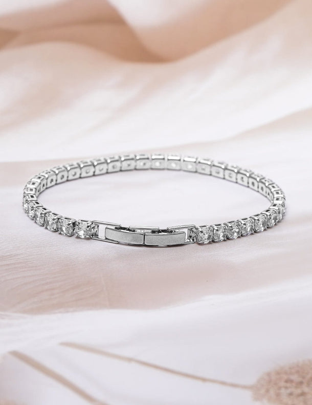 Rhodium Plated Cubic Zirconia Studded Tennis Bracelet Bracelet