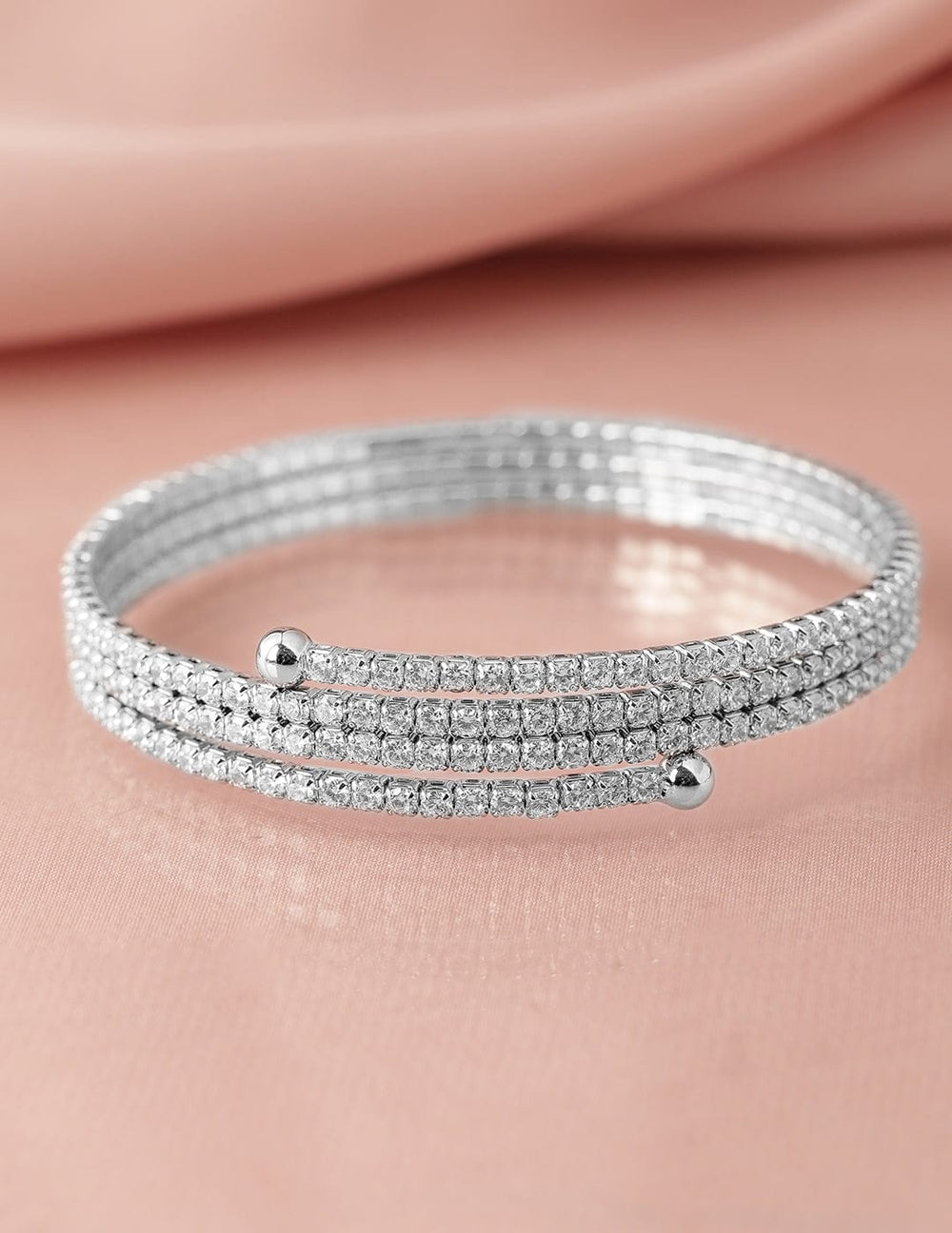 Rhodium-Plated Cubic Zirconia Studded Triple Line Bangle Bracelet Bracelet