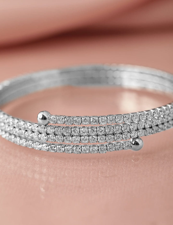 Rhodium-Plated Cubic Zirconia Studded Triple Line Bangle Bracelet Bracelet