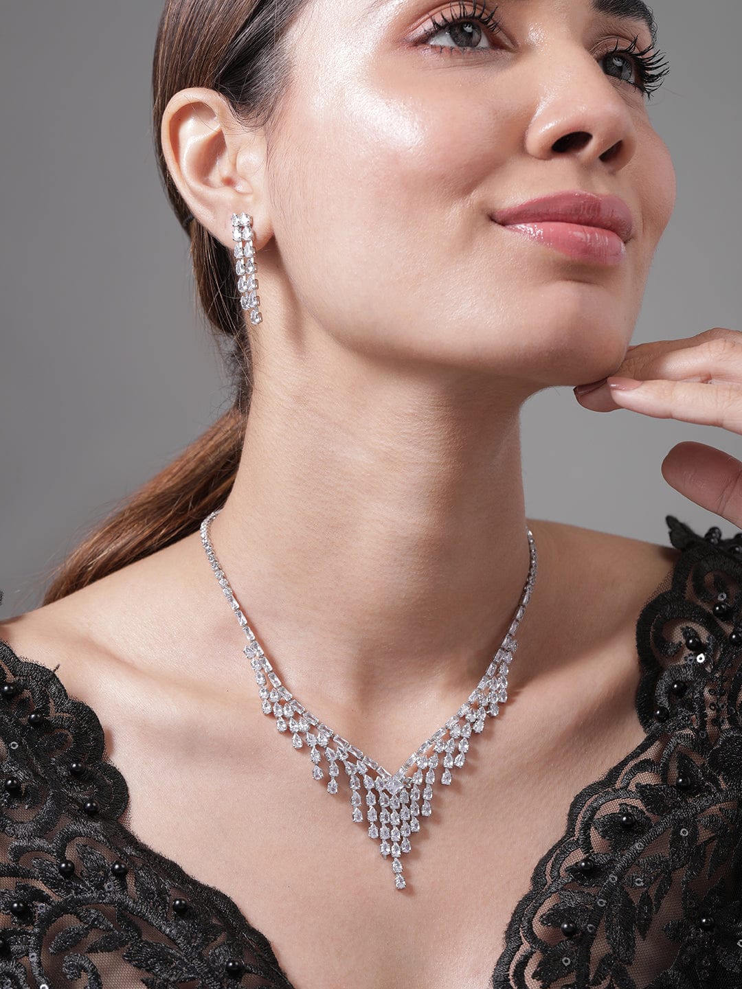 Rhodium Plated Cubic Zirconia Studded Waterfall Necklace and Earrings Set Necklace and Earrings