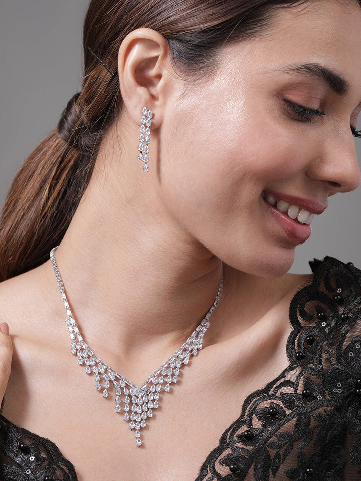 Rhodium Plated Cubic Zirconia Studded Waterfall Necklace and Earrings Set Necklace and Earrings