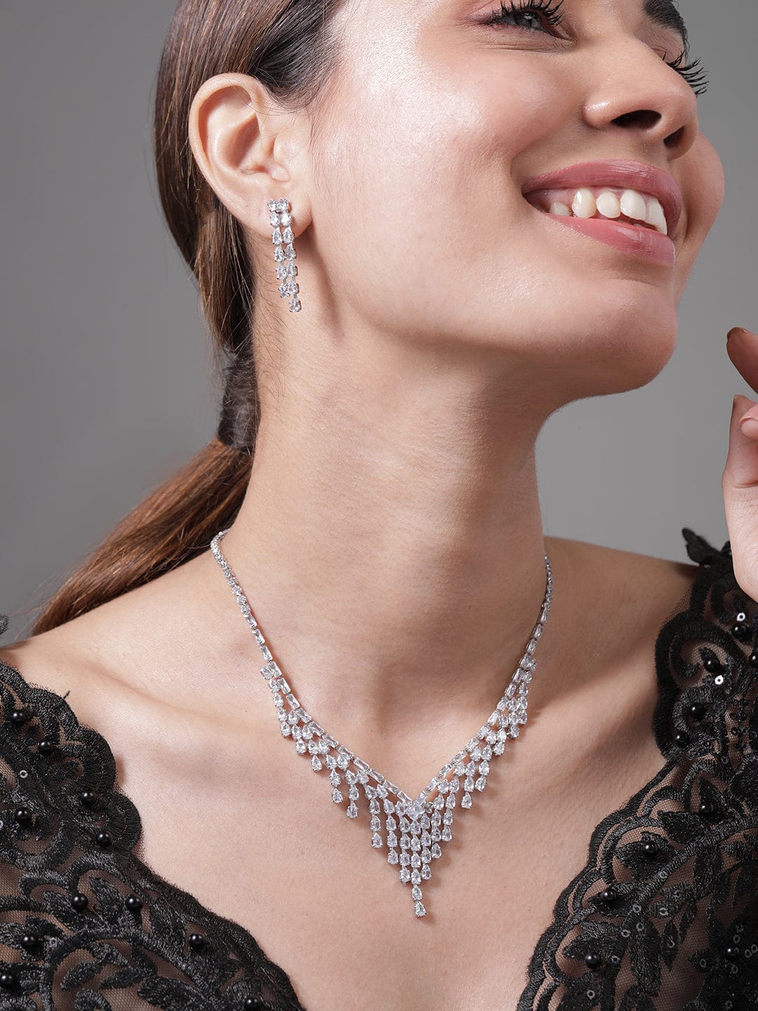 Rhodium Plated Cubic Zirconia Studded Waterfall Necklace and Earrings Set Necklace and Earrings