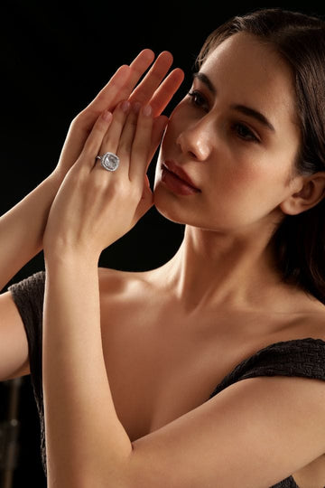 Rhodium plated Cushion cut zirconia studded classy ring Rings