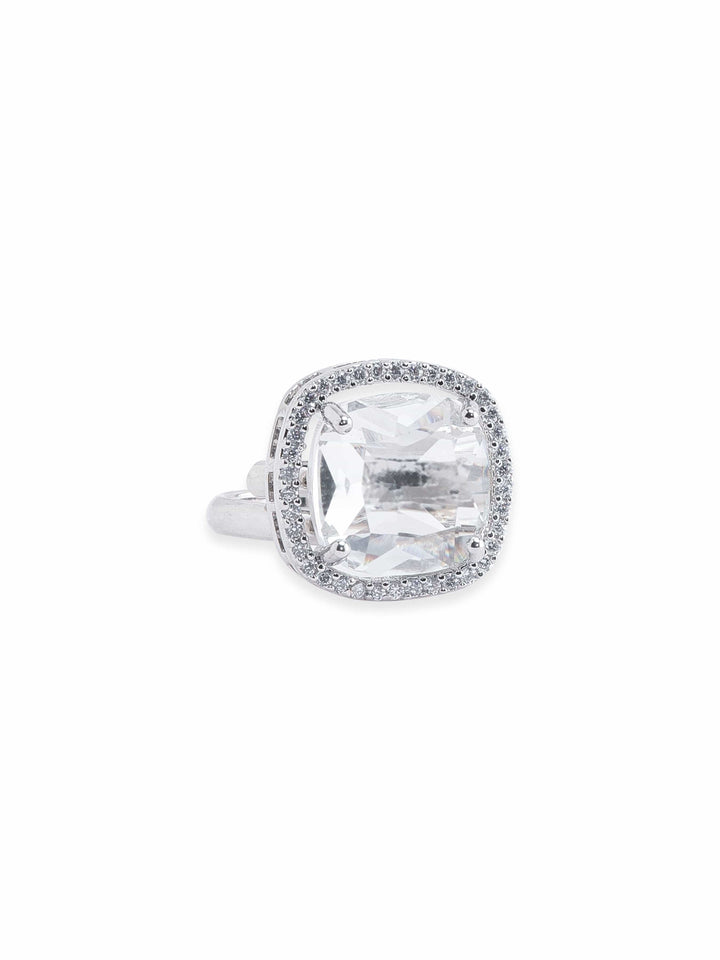 Rhodium plated Cushion cut zirconia studded classy ring Rings