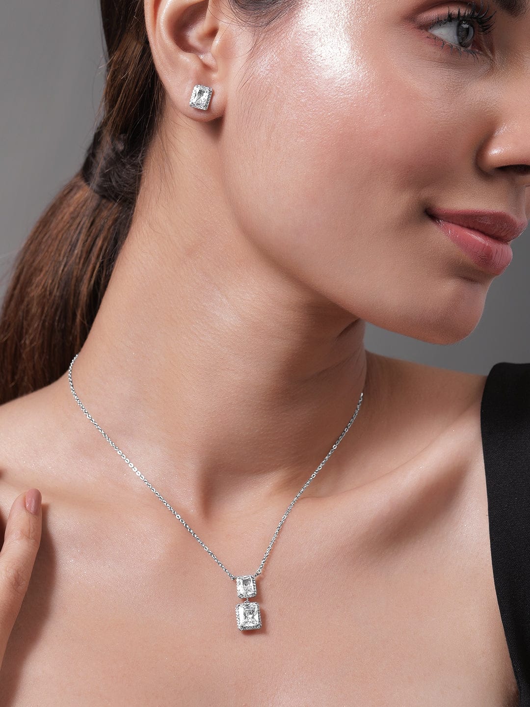 Rhodium Plated CZ Stone Studded Pendant Set Pendant and Earrings