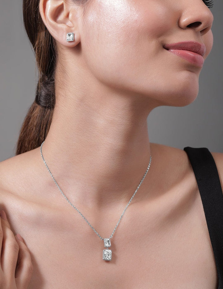 Rhodium Plated CZ Stone Studded Pendant Set Pendant and Earrings