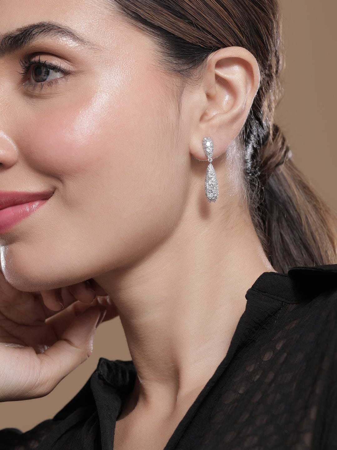 Rhodium Plated CZ Studded Drop Earrings Drop Earrings