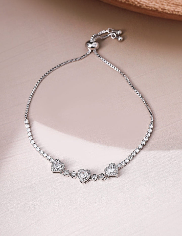 Rhodium Plated CZ Studded Heart Charm Bracelet with Adjustable Chain Bracelet