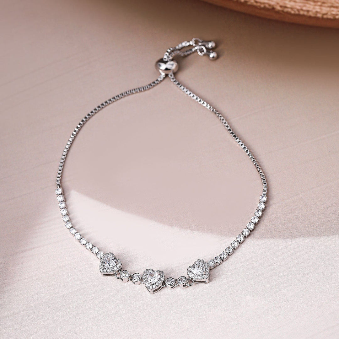 Rhodium Plated CZ Studded Heart Charm Bracelet with Adjustable Chain Bracelet