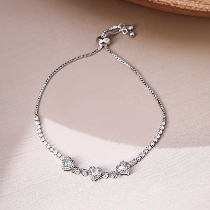 Rhodium Plated CZ Studded Heart Charm Bracelet with Adjustable Chain Bracelet