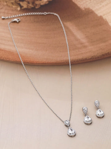 Rhodium Plated CZ Studded Teardrop Necklace Set Pendant and Earrings