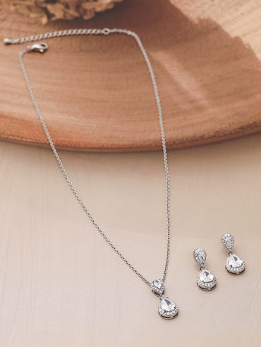 Rhodium Plated CZ Studded Teardrop Necklace Set Pendant and Earrings