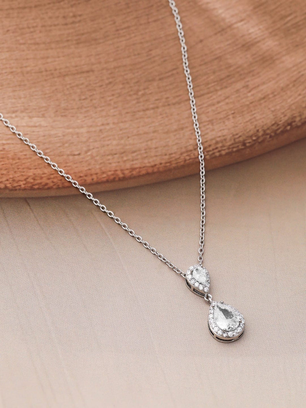 Rhodium Plated CZ Studded Teardrop Necklace Set Pendant and Earrings