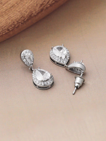 Rhodium Plated CZ Studded Teardrop Necklace Set Pendant and Earrings