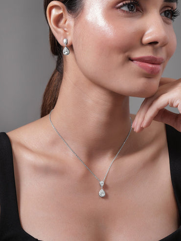 Rhodium Plated CZ Studded Teardrop Necklace Set Pendant and Earrings