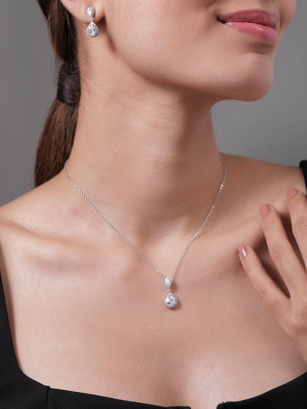 Rhodium Plated CZ Studded Teardrop Necklace Set Pendant and Earrings